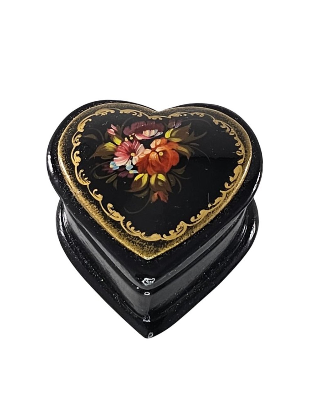 Vintage Black Lacquer Hinged Heart Russian Trinket Box Floral Design Gold Trim